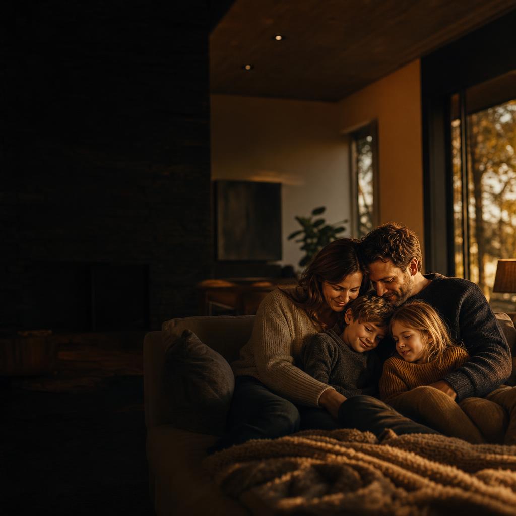 A family together outside their home at dusk